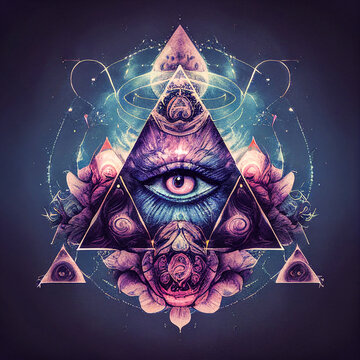 A mystical, geometric design featuring an eye within a purple triangle, surrounded by lotus flowers and abstract cosmic elements.