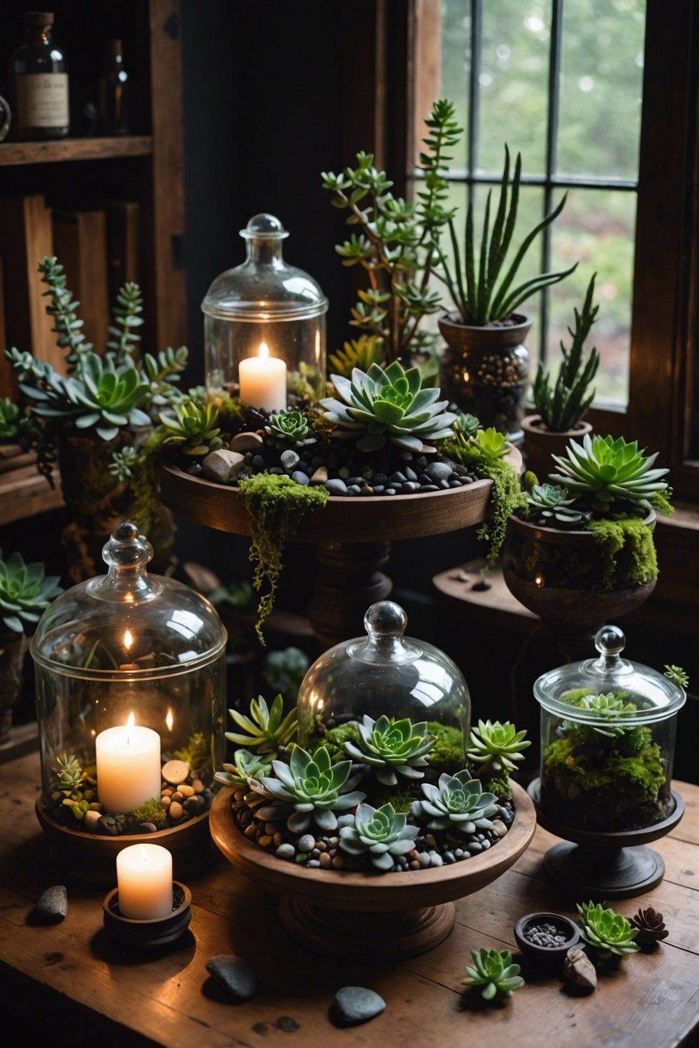 Indoor display of various potted succulents and cacti on wooden stands, with candles and glass dome covers, near a window with green scenery outside.