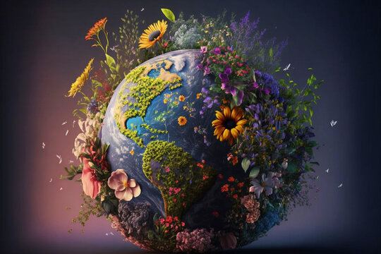 A globe resembling Earth surrounded by colorful flowers and plants, symbolizing environmental preservation and nature.