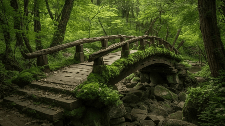 A small stone and wood bridge in a lush green forest with moss-covered railings and steps.