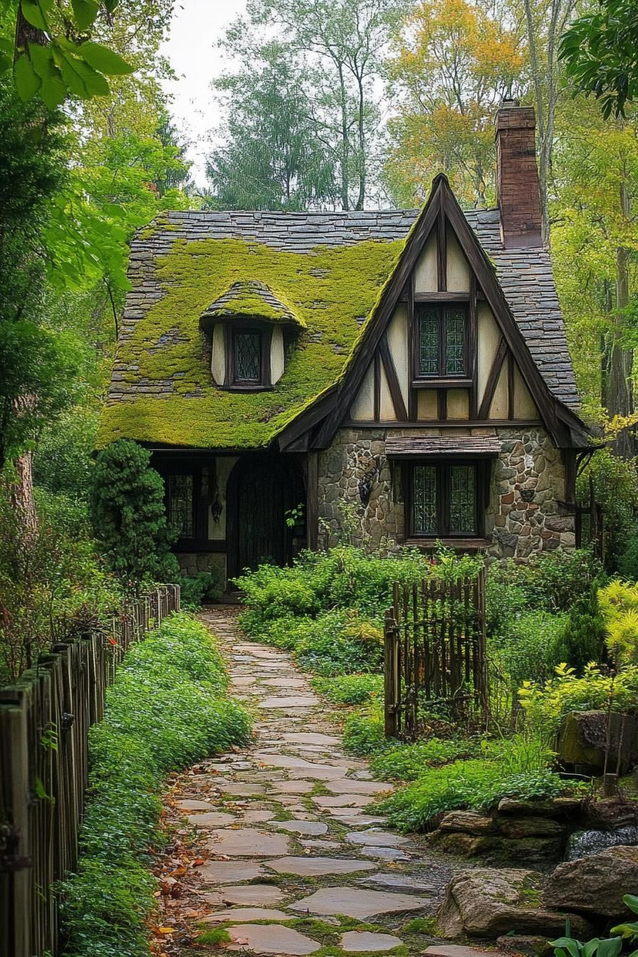 A whimsical cottage in a lush, green forest with a moss-covered roof, stone walls, and a stone pathway leading to the front door, surrounded by dense foliage and trees.