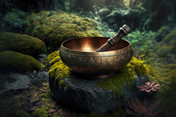 A singing bowl with a wooden striker resting inside, placed on a moss-covered rock in a lush forest scene.