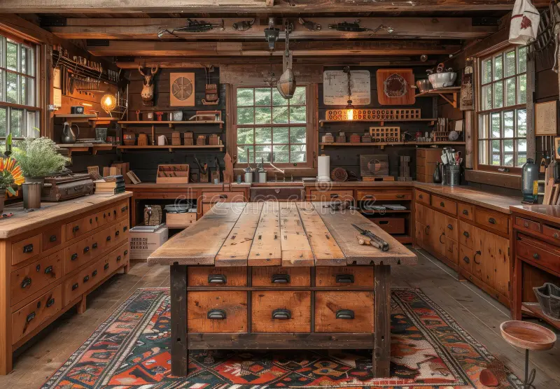 A rustic woodworking workshop with wooden cabinets, a large central worktable, shelves filled with tools and supplies, and large windows letting in natural light.