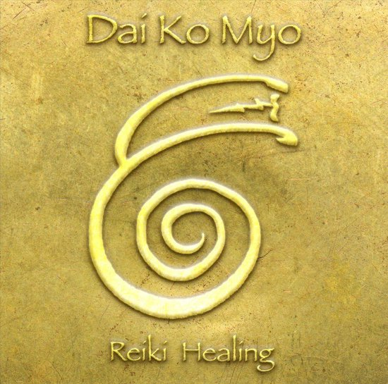 A decorative spiral design shaped like a snail, with the text 'Dai Ko Myo' above and 'Reiki Healing' below, all on a textured yellow background.