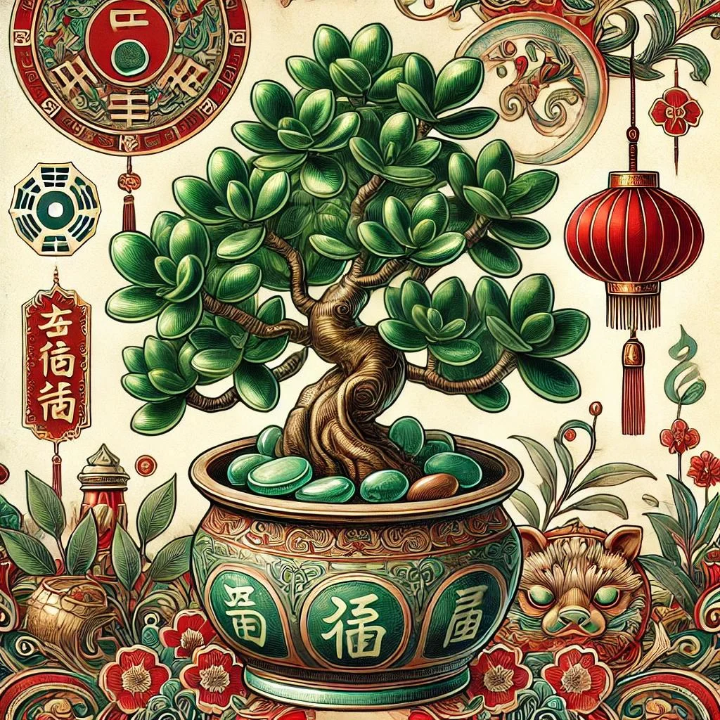 Illustration of a bonsai tree in a decorative pot, surrounded by Chinese symbols, lanterns, plants, and a cat figurine, with vibrant red and green colors.
