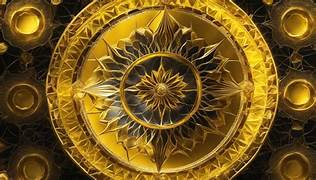 A detailed, symmetrical, golden circular mandala design with intricate patterns and geometric shapes.
