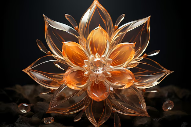 A decorative gemstone lotus flower sculpture with gold and transparent petals surrounded by small crystals on a dark background.