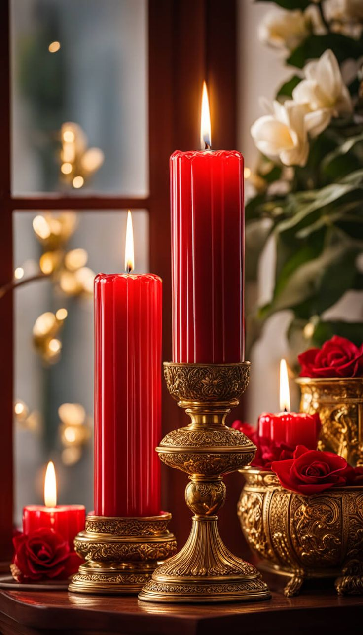 Three red candles of varying heights with lit flames, placed in ornate gold candle holders, surrounded by red roses and a gold decorative bowl, indoors near a window with blurred lights in the background.