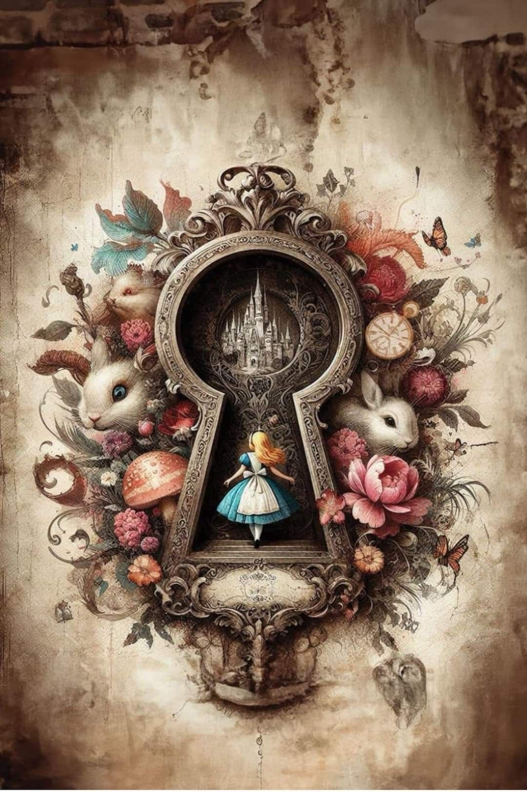 Fantasy illustration featuring a large vintage keyhole with Alice from Alice in Wonderland walking through the opening, surrounded by whimsical rabbits, colorful flowers, butterflies, a clock, a mushroom, and a castle scene inside the keyhole.