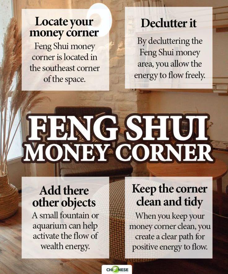 A wall with four signs in a feng shui money corner of a room. The signs provide tips on locating, decluttering, adding objects, and keeping the area clean for positive energy.