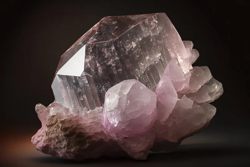 Pink quartz crystal cluster with multiple large and small clear and pink crystals on a dark background.
