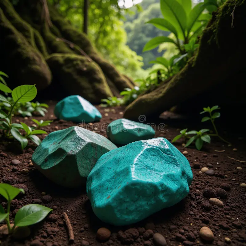 Colorful rocks on forest ground surrounded by green plants and trees.