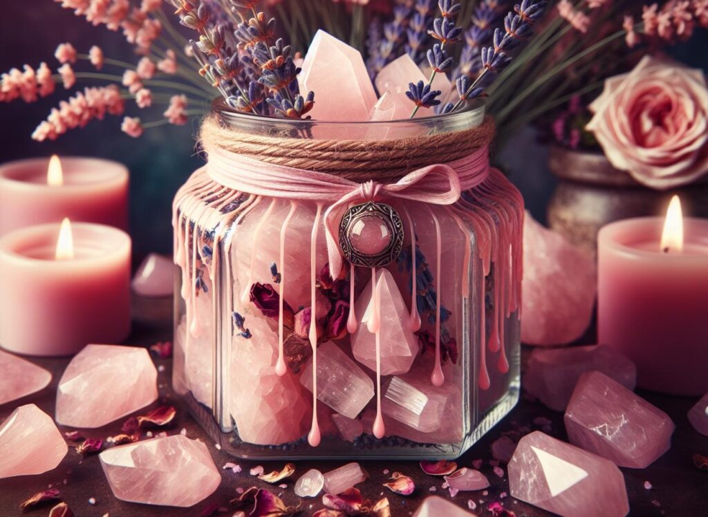 A glass jar filled with pink crystals and dried flowers, decorated with a pink ribbon and jewelry, surrounded by pink candles, rose flowers, and scattered salt crystals and dried petals.