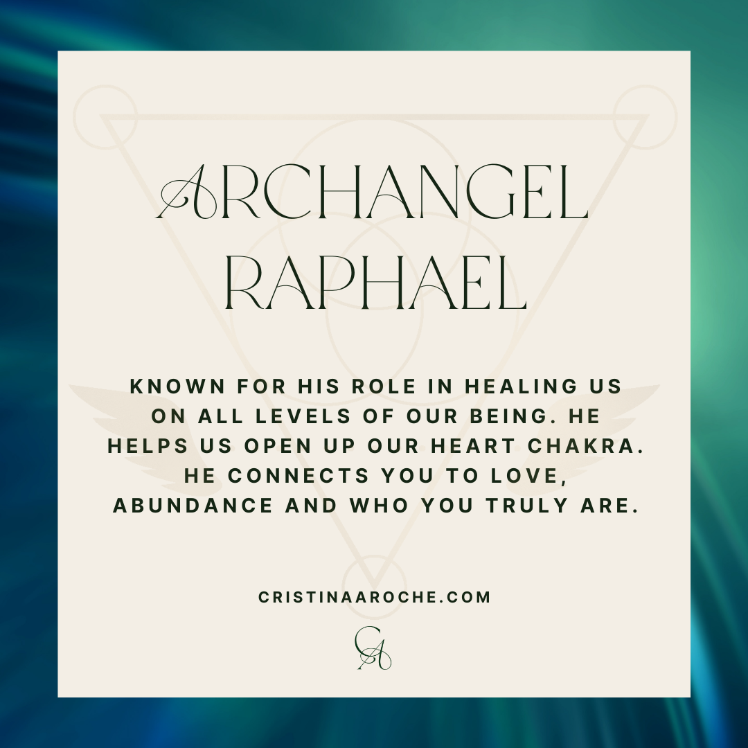 Inspirational quote card about Archangel Raphael with spiritual symbolism in the background.