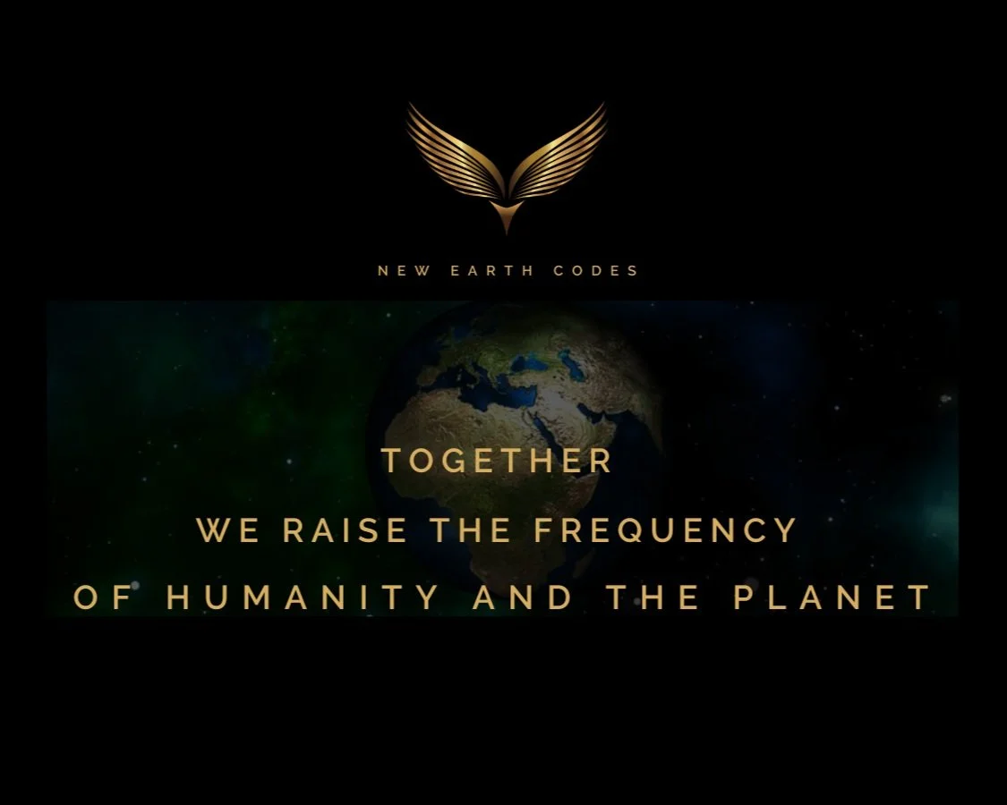 A logo with a gold stylized winged emblem at the top, and below an image of Earth from space with the message 'Together we raise the frequency of humanity and the planet' in gold letters.