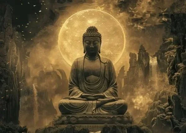 A large Buddha statue sitting in a meditation pose with a glowing full moon behind it, surrounded by rocky formations and misty clouds.