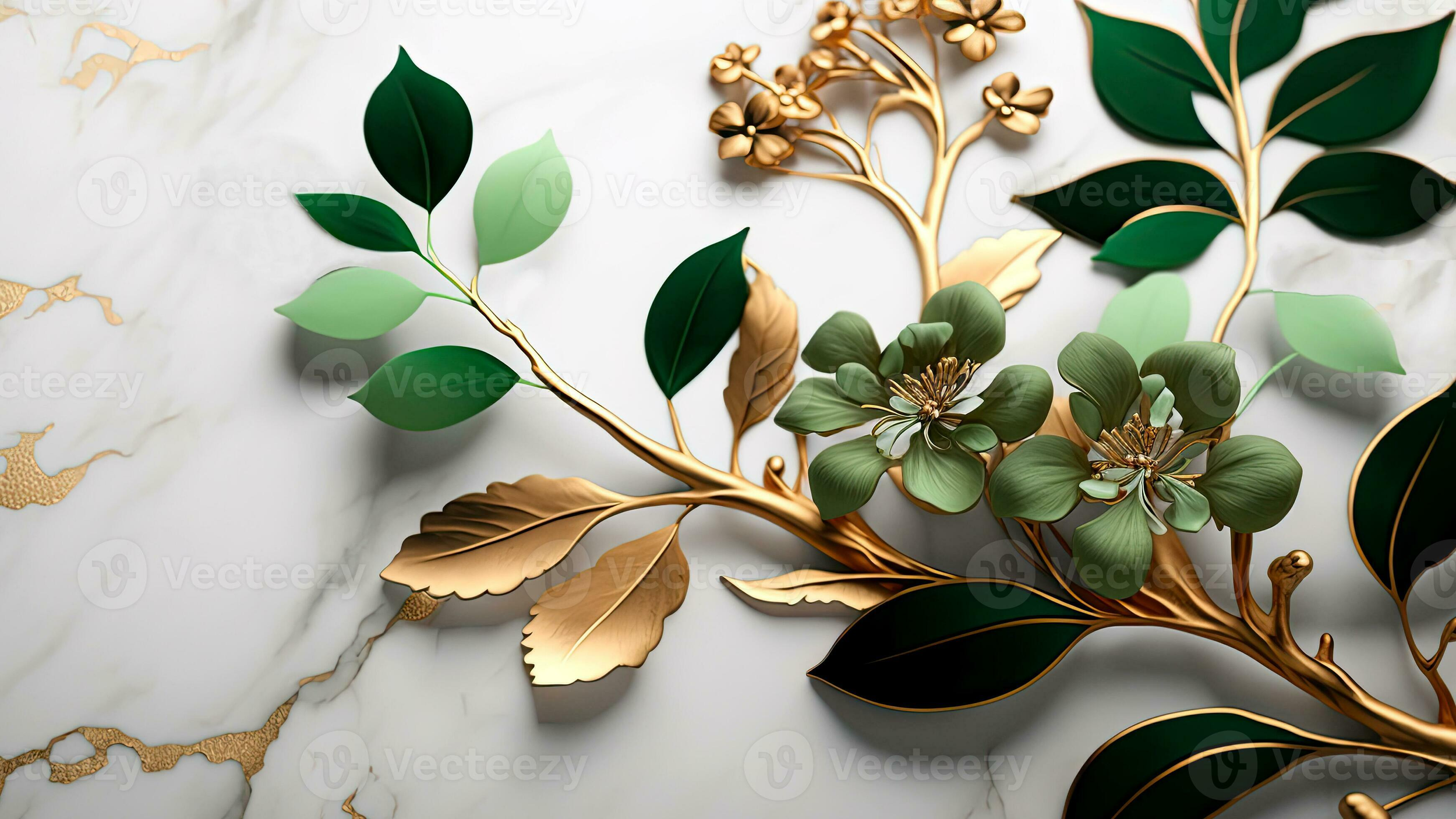 Decorative art piece featuring green and gold metallic leaves and flowers on a white marble background.