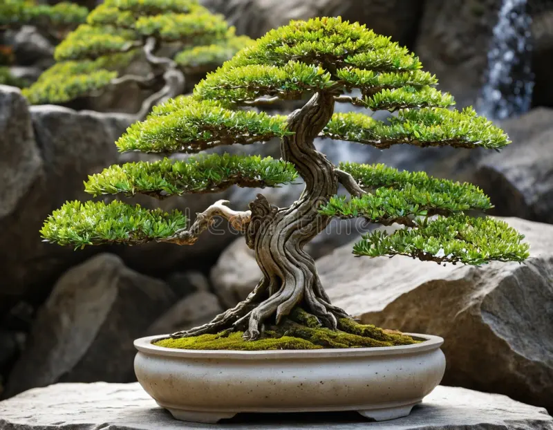 A well-maintained bonsai tree with lush green foliage in a shallow ceramic pot, against a background of rocks.