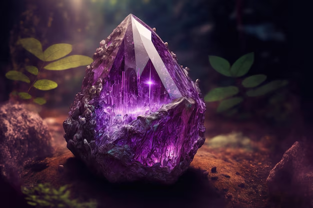 A glowing purple crystal with a sparkling center, placed on the ground amidst small rocks and green leaves, in a natural outdoor setting.