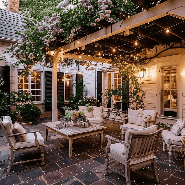 Cozy outdoor patio decorated with string lights, white wooden furniture with cushions, lush greenery, and flowering plants on the roof and around the space.