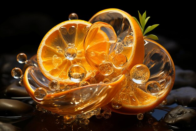 Slices of orange with bubbles and a sprig of green herbs against a dark background.