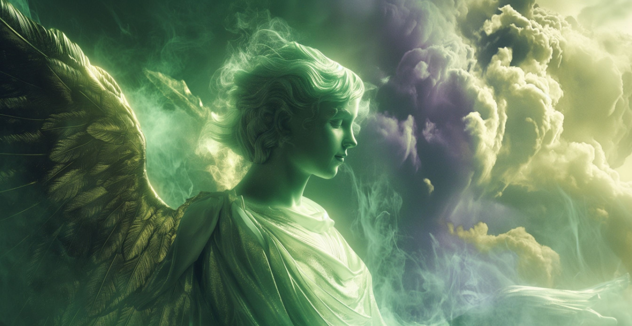 A green-toned statue of an angel with detailed wings and flowing hair, surrounded by clouds and mist.