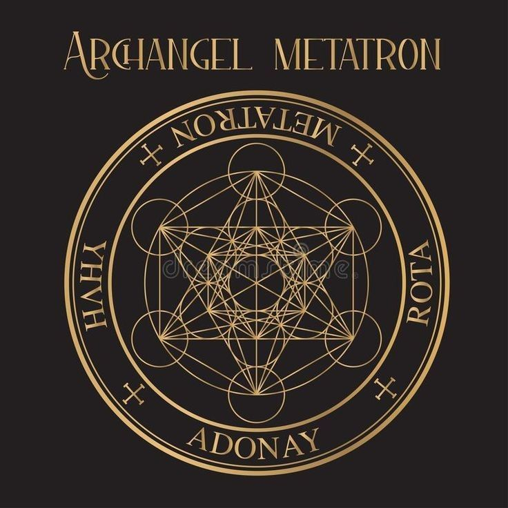 A black background with intricate gold geometric design and the words 'Archangel Metatron' at the top. The design includes a large circle with the words 'HAYAH', 'ROTAH', 'ADONAY', and 'METATRON' around it, and a complex pattern of intersecting lines and circles inside.