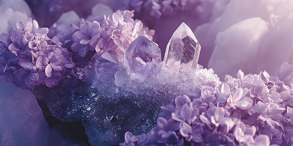 Purple lilac flowers surrounding a cluster of clear quartz crystals with a light purple background.