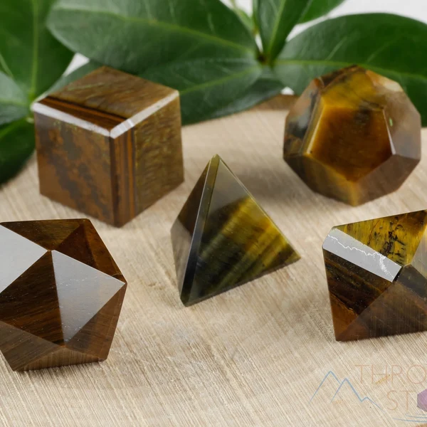 Six polished tiger's eye gemstones with different geometric shapes on a wooden surface, green leaves in the background.