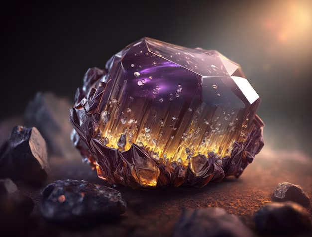 Close-up of a large, colorful gemstone with purple and gold hues, surrounded by smaller rocks on a textured surface.