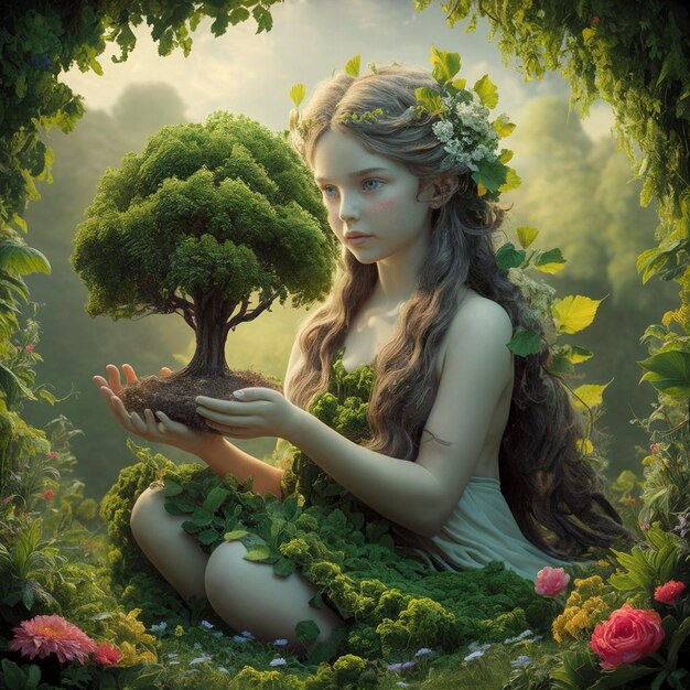 A young woman with long, wavy hair adorned with flowers, sitting cross-legged in a lush, green environment. She is holding a large, thriving tree in her hands, symbolizing nature and growth, surrounded by vibrant flowers and foliage with sunlight filtering through the canopy.