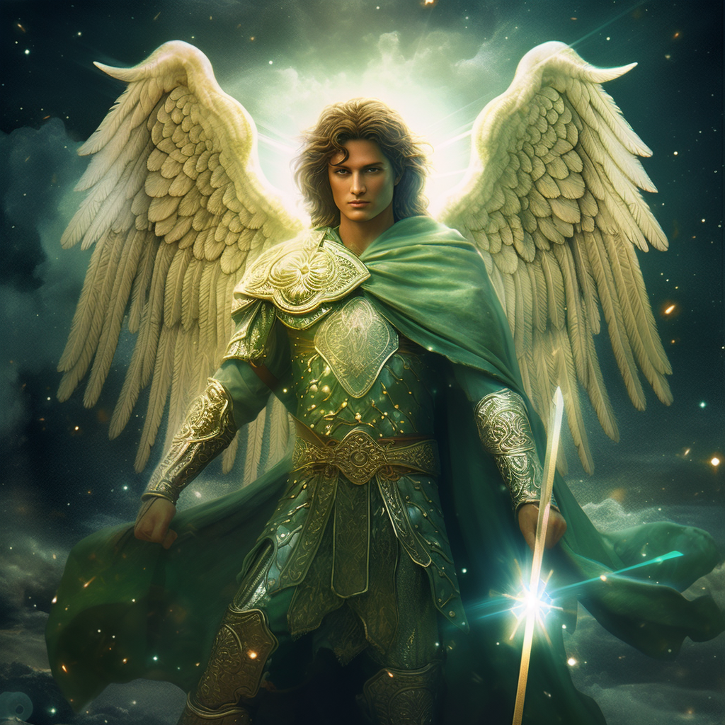 A woman dressed as an angel with large white wings, golden armor, and a green cape, holding a glowing sword against a dark, celestial background.