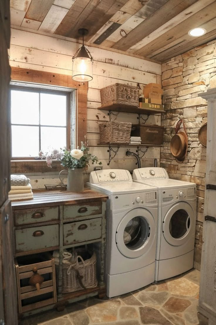 Rustic laundry room with a window, wooden shelves, wicker baskets, and a stone wall. Contains a washing machine and dryer, with a wooden counter and flowers nearby.