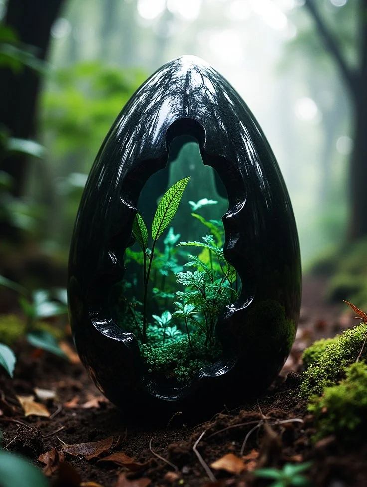 A dark, carved stone sculpture of an egg-shaped frame with a nature scene inside, showing green plants and leaves, set in a forest with blurred trees and foliage in the background.