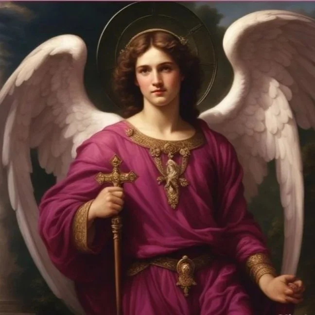 A religious portrait of a young angel with large white wings, holding a cross in her right hand, wearing a purple robe with gold embroidery, and a halo above her head.