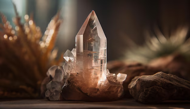 A clear, pointed quartz crystal standing upright on a flat surface, surrounded by other smaller crystals and rocks, with blurred natural background.