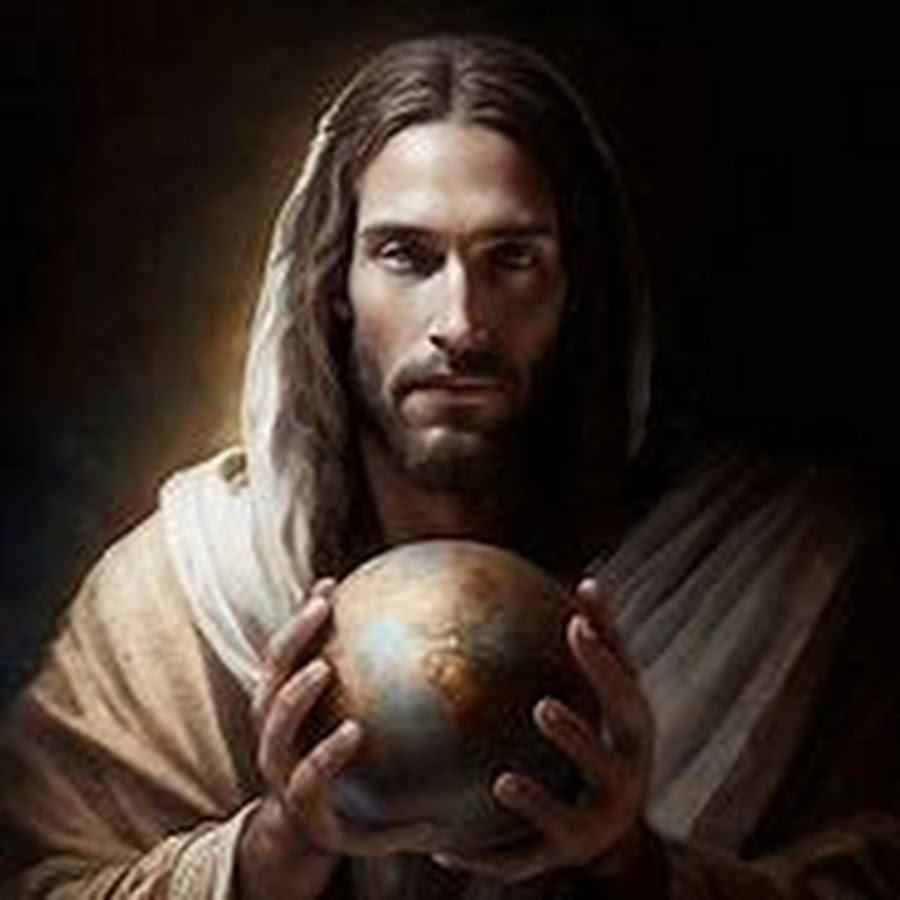 A man with long hair and a beard dressed in robes, holding a small depiction of the Earth in his hands, with a dark background and a soft light illuminating his face.