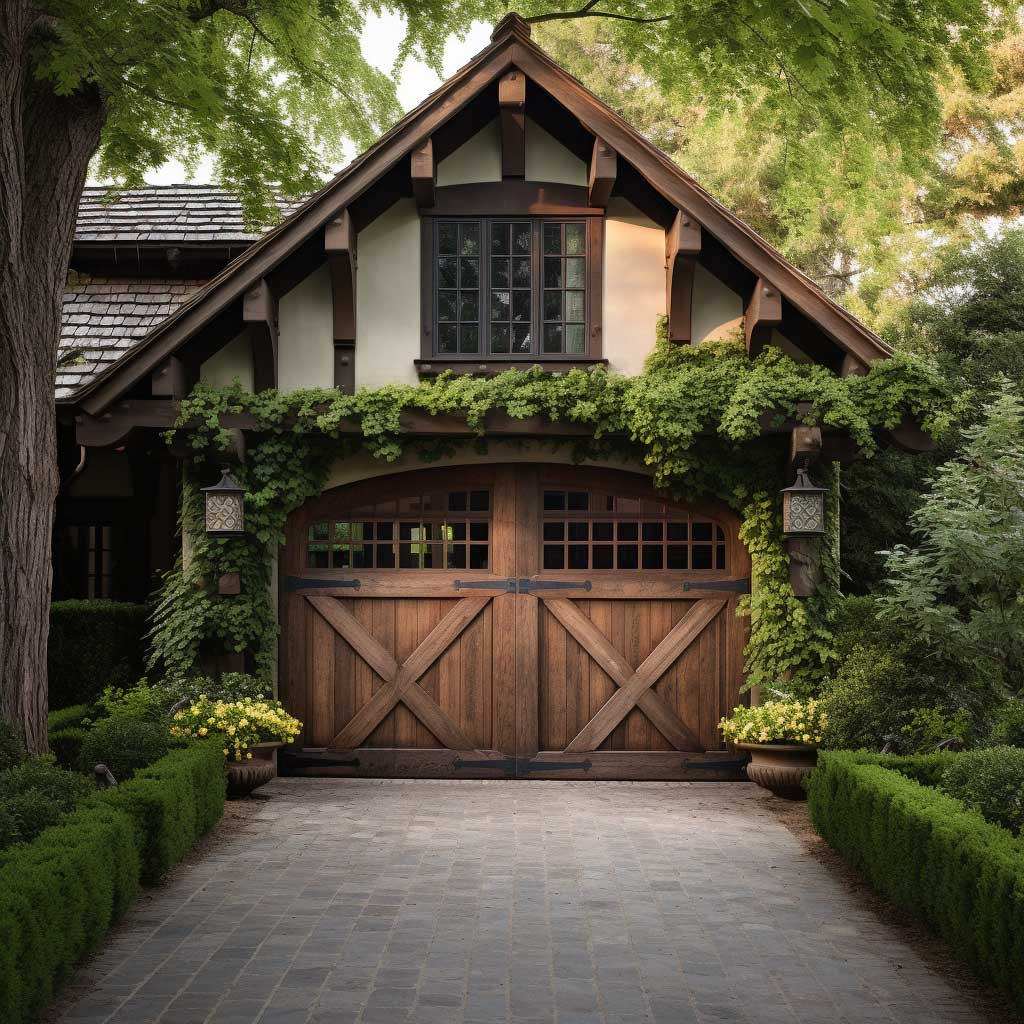 A large wooden garage door with a crossbuck design, framed by greenery and ivy, flanked by two lantern-style lights, with a house featuring a steep gabled roof and a multi-pane window above.