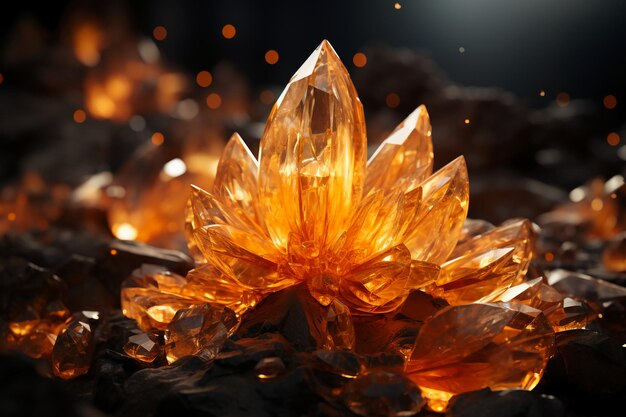A glowing orange crystal flower sculpture on a dark surface with small glowing particles around it.