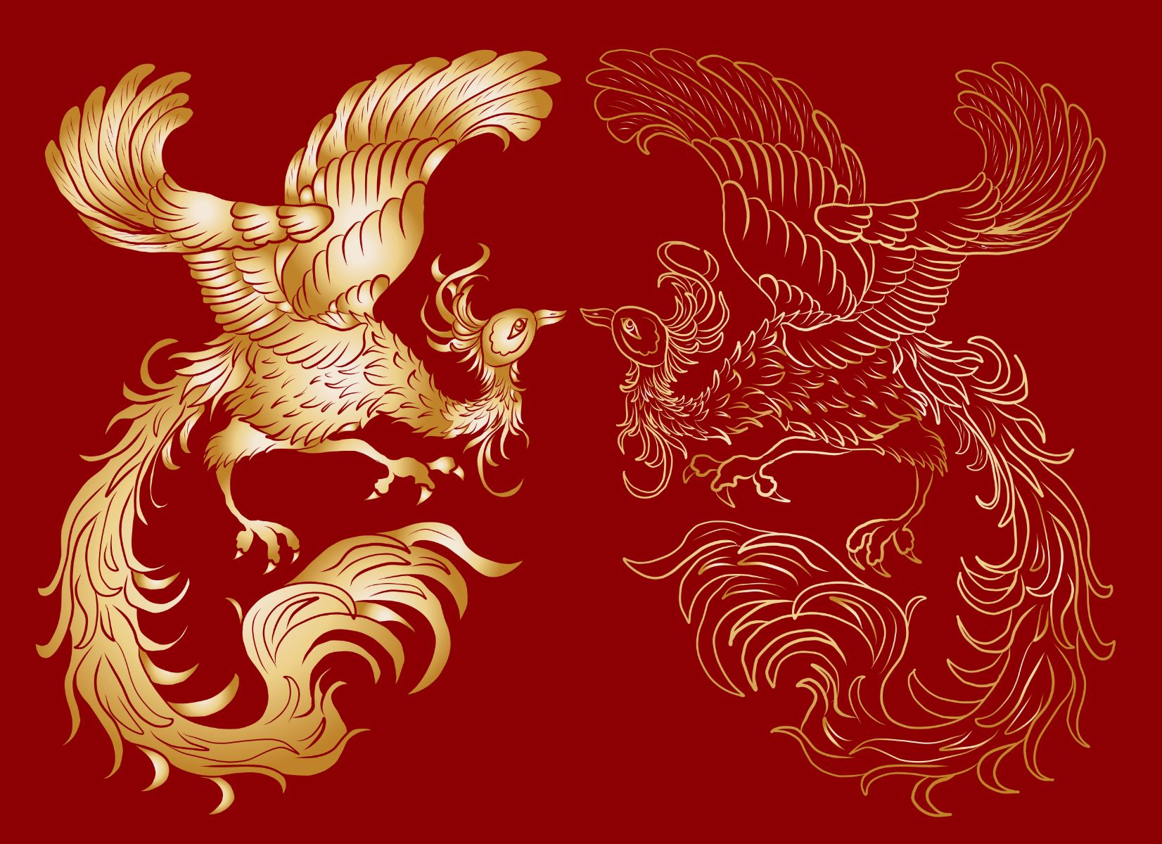 Gold outline of two eagles facing each other on a red background.