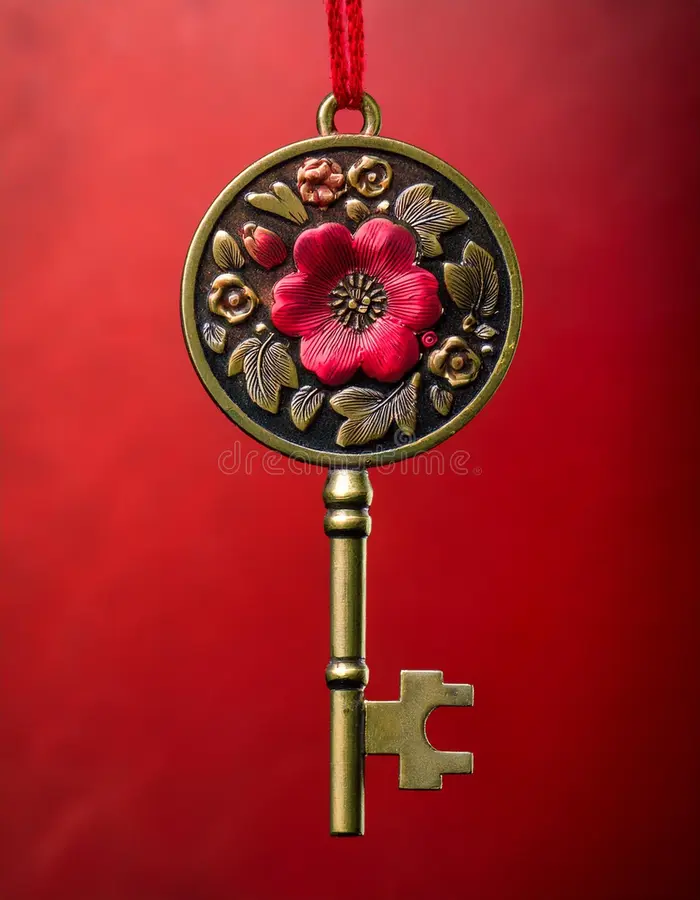A decorative metal key with an ornate round head featuring a red flower and floral patterns, hanging on a red ribbon against a red background.