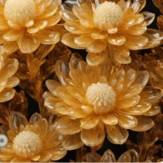 Close-up of decorative golden flowers with cream-colored centers.