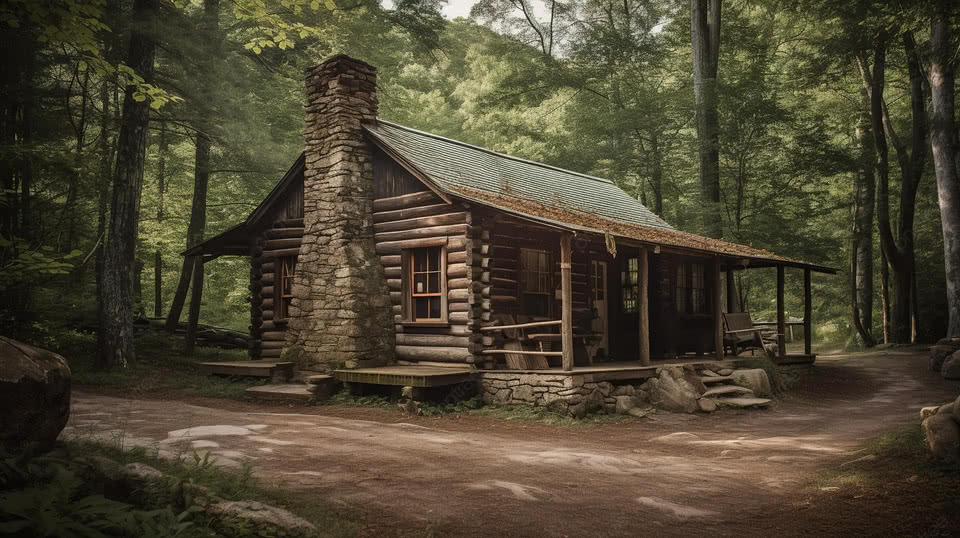 A rustic log cabin with a stone chimney in a forest, featuring a wooden porch and steps, surrounded by trees and dirt paths.