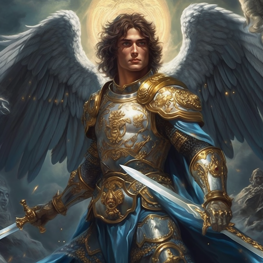 An angelic knight in ornate gold and silver armor with a lion crest, holding a sword, with large white wings, standing against a cloudy sky with a glowing halo behind him.