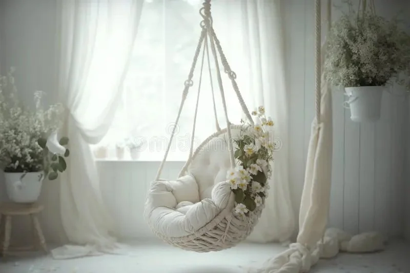 A hanging wicker cradle with white cushions and flowers in a cozy, sunlit room decorated with white curtains and potted plants.