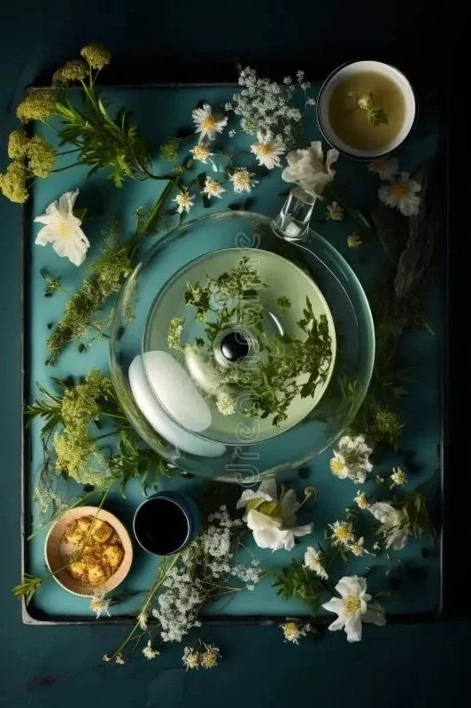 A glass teapot with green herbal tea, surrounded by fresh herbs and white flowers, along with a cup of tea, a black cup, and a small bowl with yellow flowers on a blue tray.