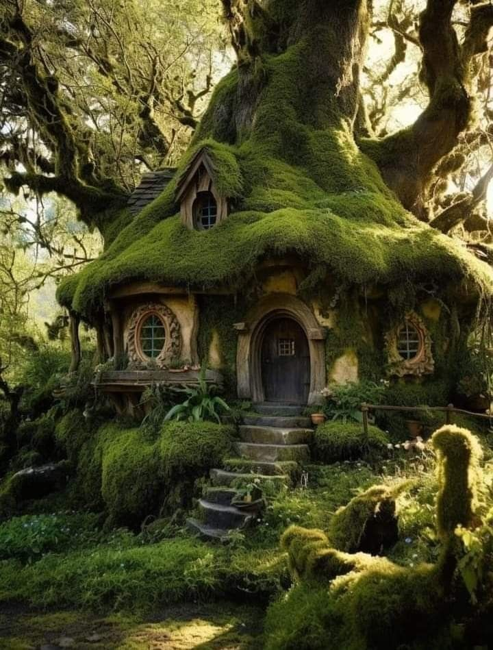 A whimsical cottage built into a large, moss-covered tree in a lush forest, with small stone steps leading to the front door and quaint, round windows.