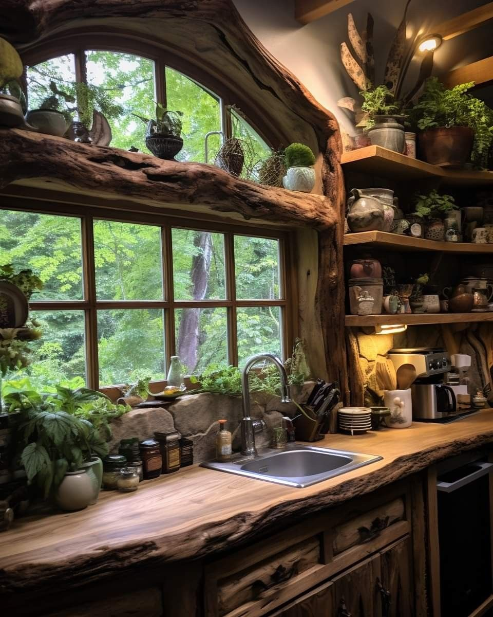 A rustic kitchen with a large window overlooking a green forest. The wooden countertops and shelves are decorated with potted plants, jars, and ceramics, creating a cozy, nature-inspired space.