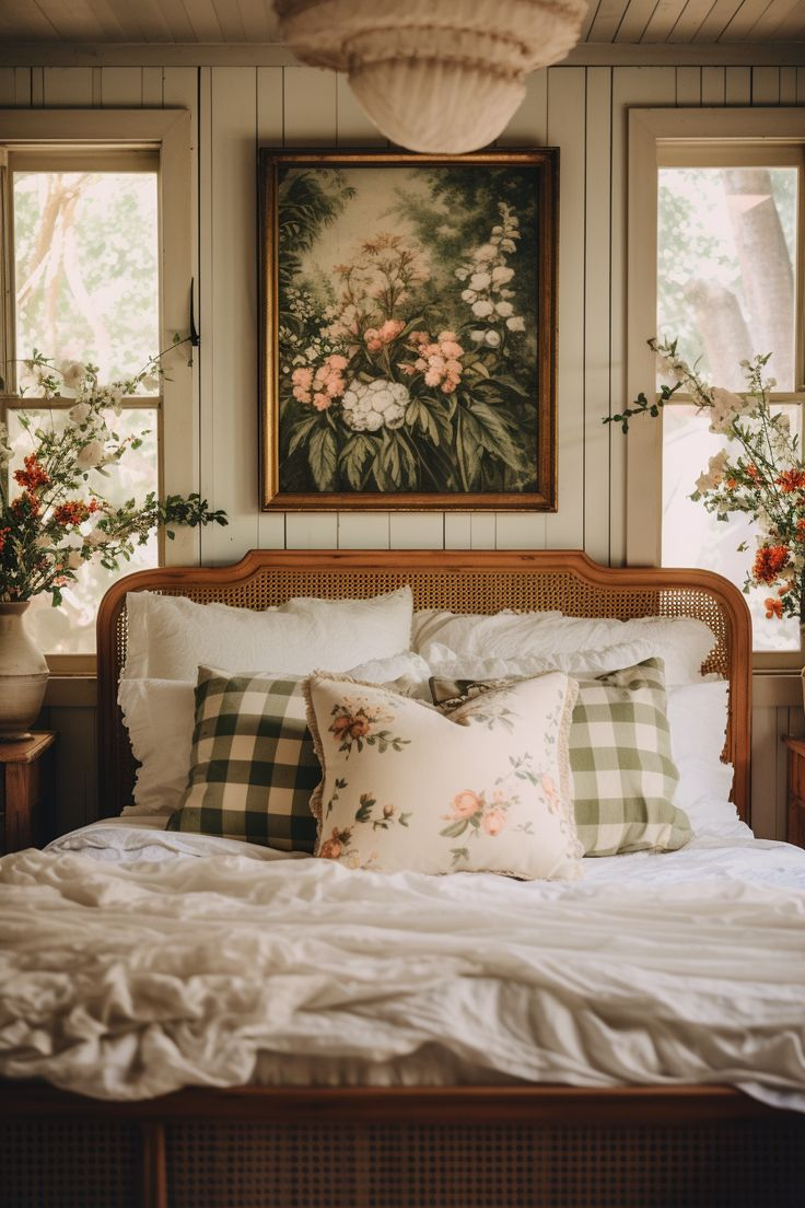 Bedroom with a wooden headboard, floral pillows, white bedding, floral artwork above the bed, sconce lighting, and windows with greenery outside.