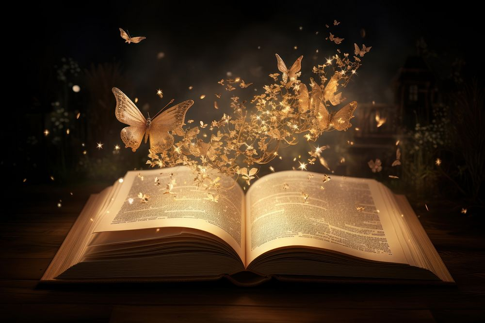An open book with glowing, gold butterflies flying out from its pages, creating a magical, sparkling scene.